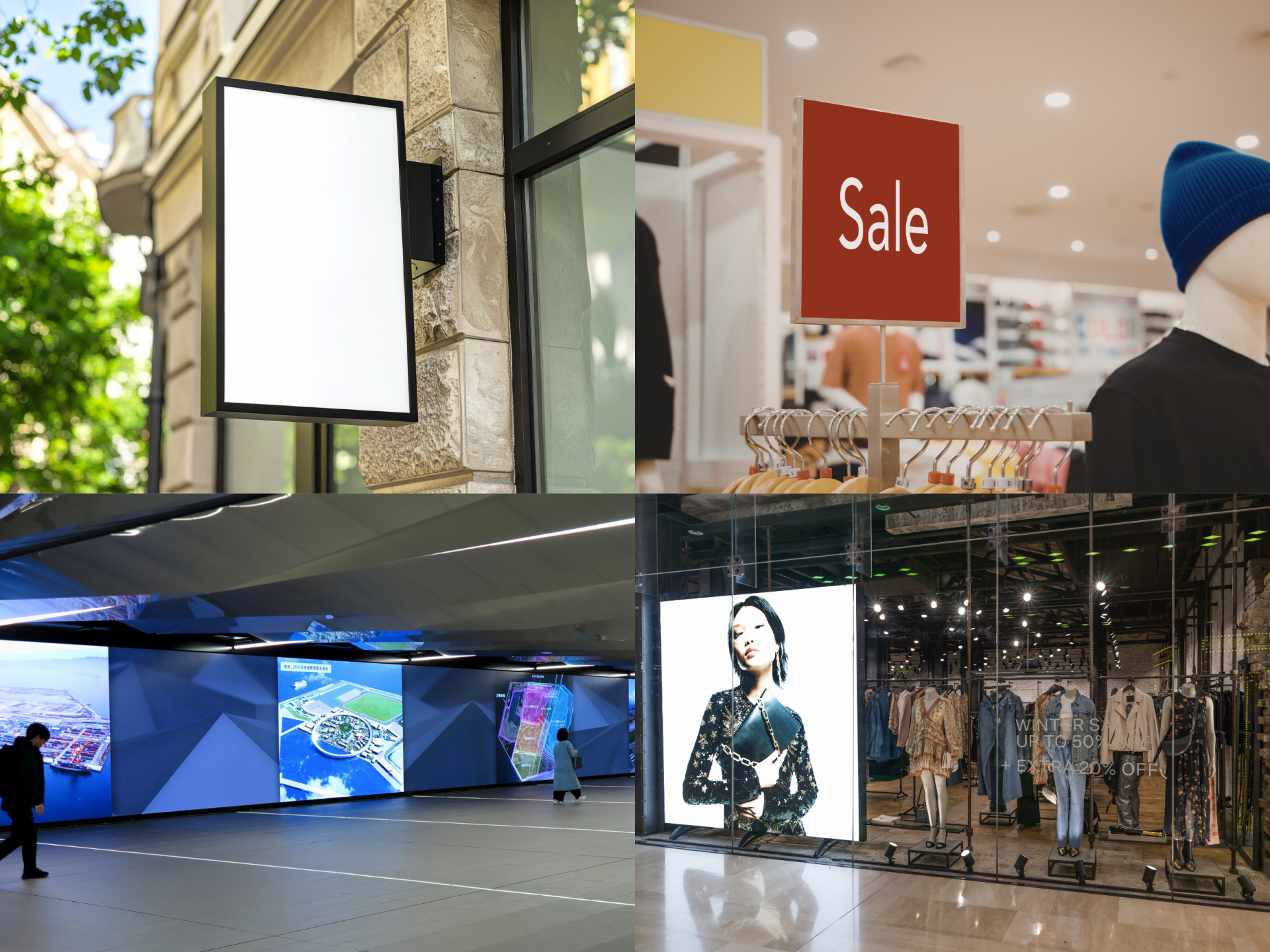 賑わう店舗の外観、アナログ看板とデジタルサイネージの対比